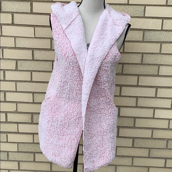 PINK SHERPA SLEEVELESS OPEN STYLE VEST HOODIE - Picture 4 of 8
